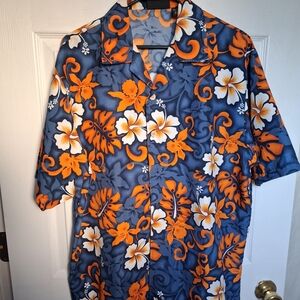 Men's Floral Hawaiian Shirt - Orange and Blue